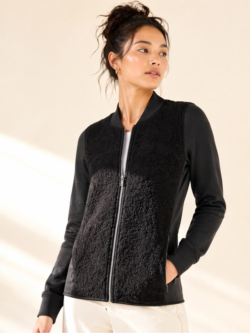 Lululemon Stand Out Sherpa Wool Silk Bomber Jacket Zip Black Rare Full Zip Sz 4
